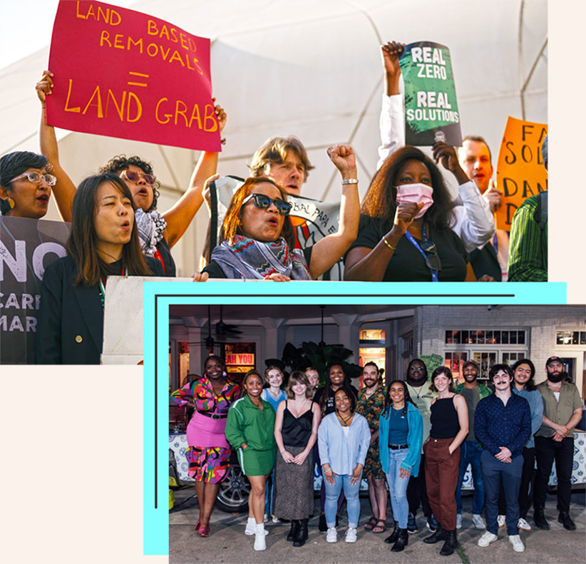 Two photos, one of protests, other of group of people standing