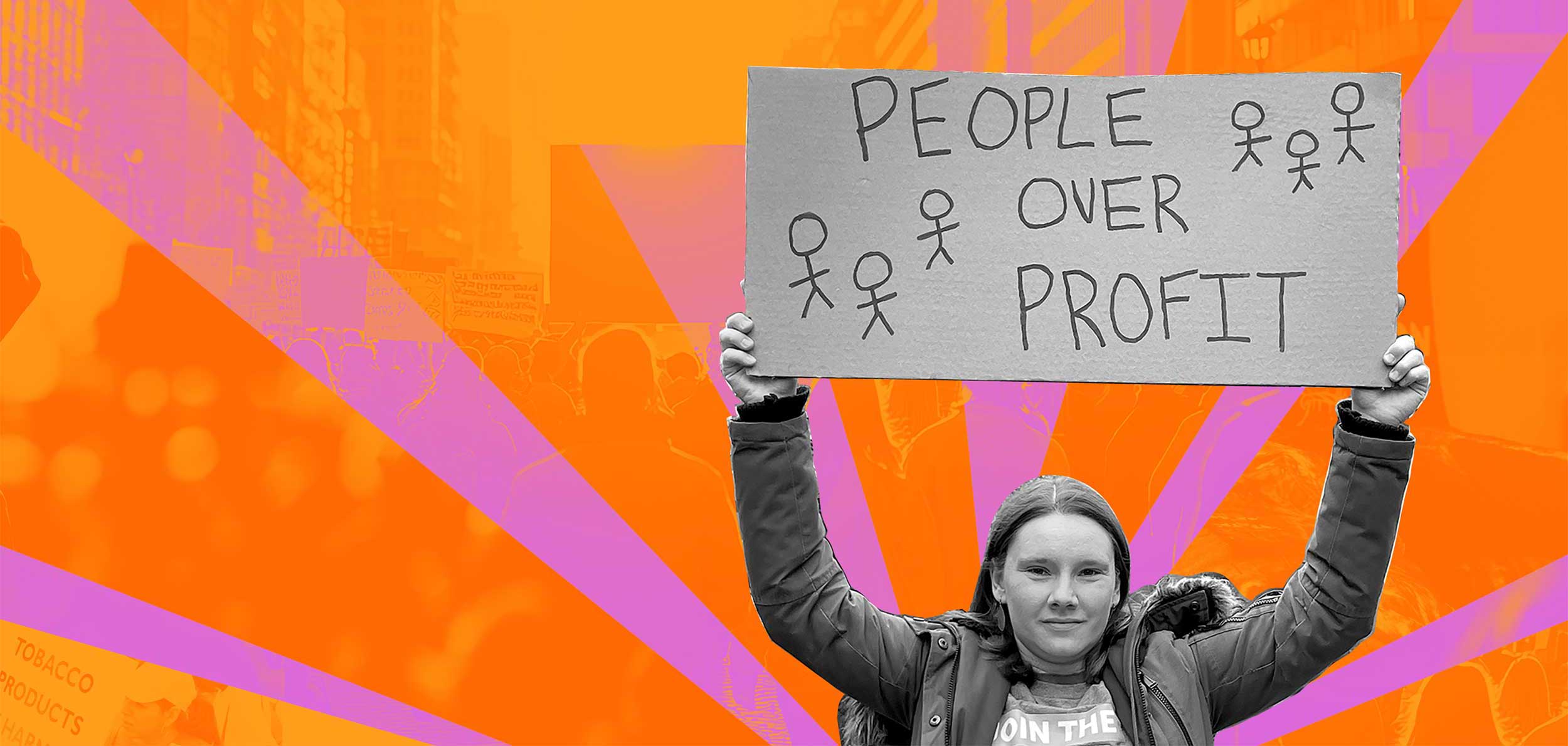 background image with protestor holding sign