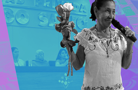 Woman with flowers and microphone