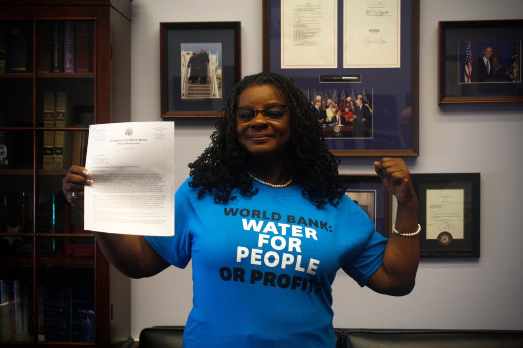 Rep Gwen Moore in her office in Washington D.C. supporting democratic control of water.
