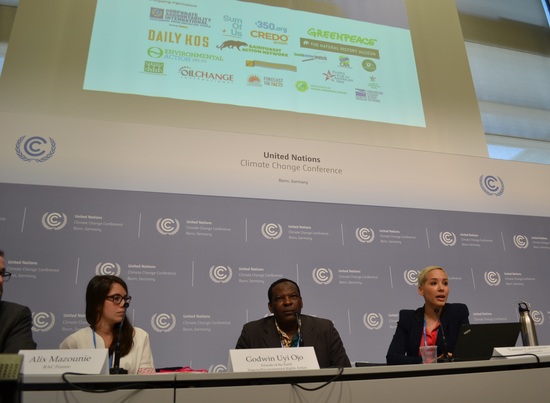 Panelists (left to right) Jesse Bragg of Corporate Accountability International, Alix Mazounie of Réseau Action Climat-France, Godwin Ojo of Environmental Rights Action/Friends of the Earth Nigeria and Tamar Lawrence-Samuel of Corporate Accountability International called on the U.N. to insulate climate talks from big polluters at a press conference in Bonn, Germany on Wednesday. Photo credit: Corporate Accountability International