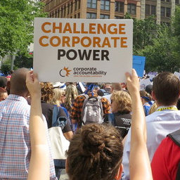 Protester holding up a sign that says "Challenge corporate power"