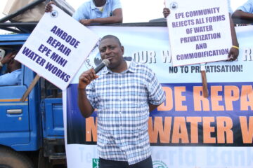 People gather at a "Our Water, Our Right" rally in Lagos.