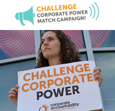 Activist holding a sign that says 'Challenge Corporate Power'