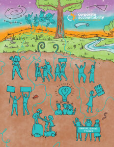 Cover image of the FY22 Corporate Accountability annual report -- people celebrating the earth and organizing for a better world.