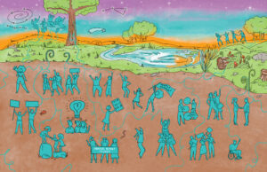 Illustrated landscape in vivid colors featuring groups of people organizing, protesting, collaborating, and engaging in mutual aid. They are all connected by thin blue lines like mycelium roots. Some are building underground (laying the groundwork) and some are sparkling with victory in the dawn sky.