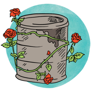 Illustration of a dark gray barrel with oil spilling down the right side. The barrel is wrapped in the thorny stems of a rose plant.