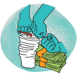 Illustration of three blue fists crushing a takeout soda container and three packets of dollar bills.
