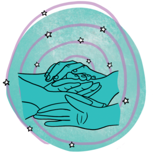 Illustration of five hands resting on top of one another, surrounded by a light purple spiral and tiny, bright stars that represent the galaxy. The image is set over a blue, circular background.