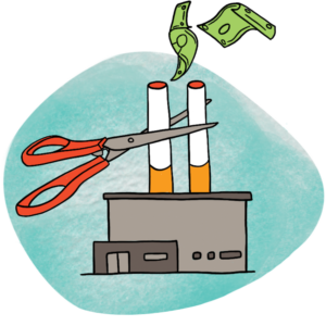 Illustration of a drab, gray factory with two cigarettes that take the place of smoke stacks, and green dollar bills that billow out from tips of each cigarette like smoke. A pair of scissors rests on the white rod of the cigarette ready to snip it in two.