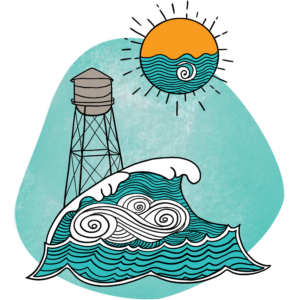 Illustration of an ocean wave gaining force in front of a water tower. The sun, the top half orange and the bottom half consumed in waves, sits above the scene.