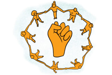 An upright fist surrounded by a circle of people holding hands. All of the figures are orange.