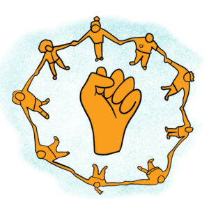 Illustration of a raised fist surrounded by people of all backgrounds holding hands to represent collective action.