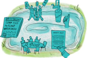 A blue, circular pond holds illustrations that represent the movement for water justice, including: water pouring out of a tap and into a cup, a group of people carrying protest signs, a newspaper with a headline exposing a corporation’s role in the Flint water crisis, people sitting around a table and strategizing, and a hand signing petition that reads “Water 4 all!”