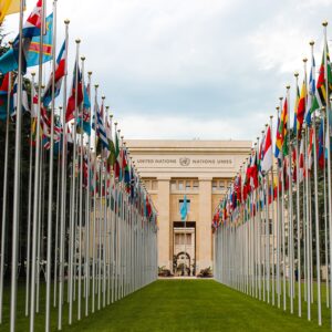United Nations in Geneva on a cloudy day, flags stretch out across the bright green lawn.
