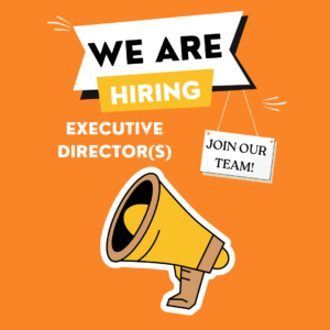 Text reads: We are hiring Executive director(s). Join our team! An illustration of a megaphone is in the bottom half of the image.