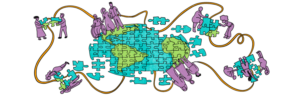 Illustration of many different kinds of people working together to create a new world--depicted as puzzle pieces that come together into a map of the world.