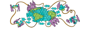 Illustration of people constructing a puzzle of a map of the world.