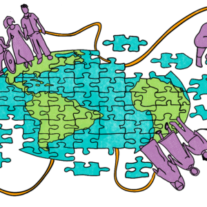 Illustration of people constructing a puzzle of a map of the world.