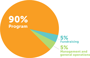 Orange pie chart that reads 90% program, 5% fundraising, 5% management and general.