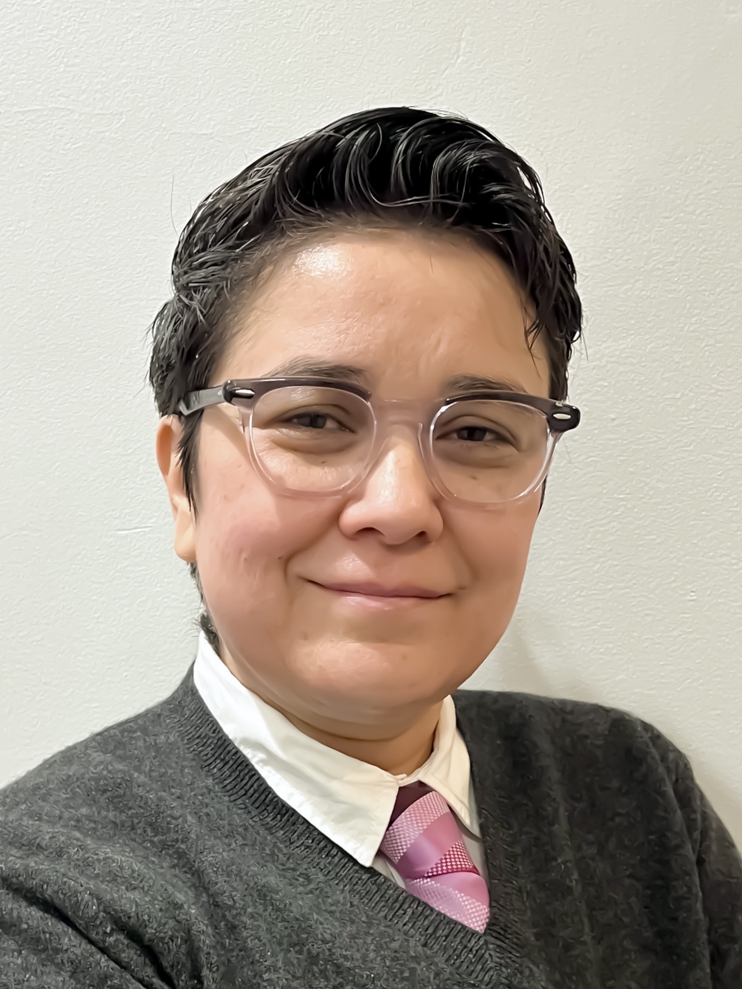 Portrait of Ari (they/them). They have short, dark hair, and they are wearing a gray sweater over a white collared shirt and pink tie.