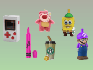 Image with six different toys including a game boy, teddy bear, and sponge bob square pants. Each item is an eCigarette, but it's very hard to tell.