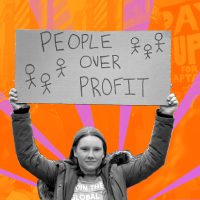 A black and white image with a woman holding a cardboard sign that reads "People Over Profit." Orange and magenta rays in the background.