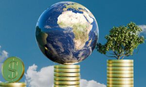 Three podiums made of coins. One holds another coin, one holds planet earth, and the other holds a tree.
